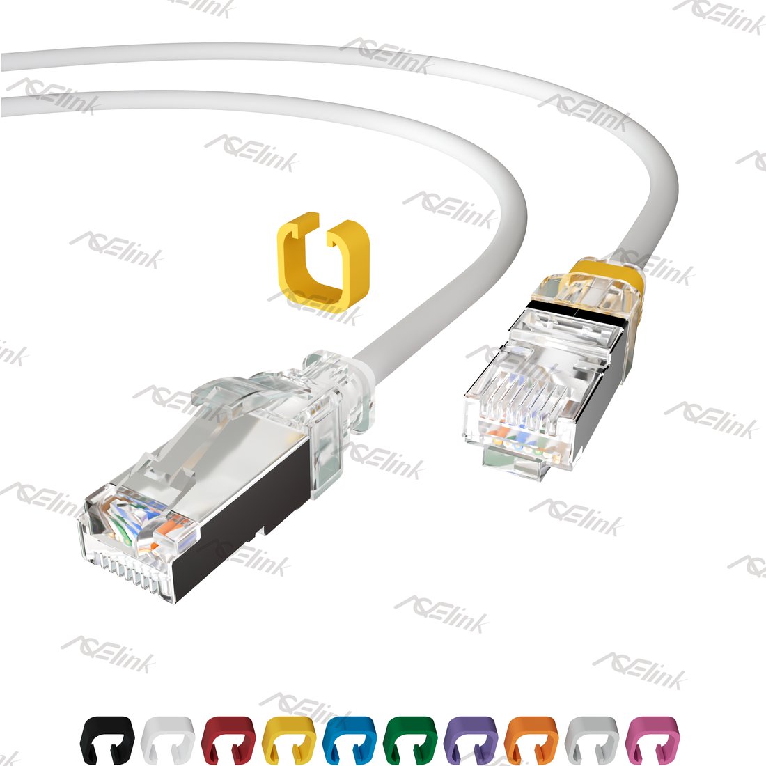 Easy-Trace Slim CAT.6A 28AWG S/FTP Patch Cable with DIY Colored Clip Clear Boot